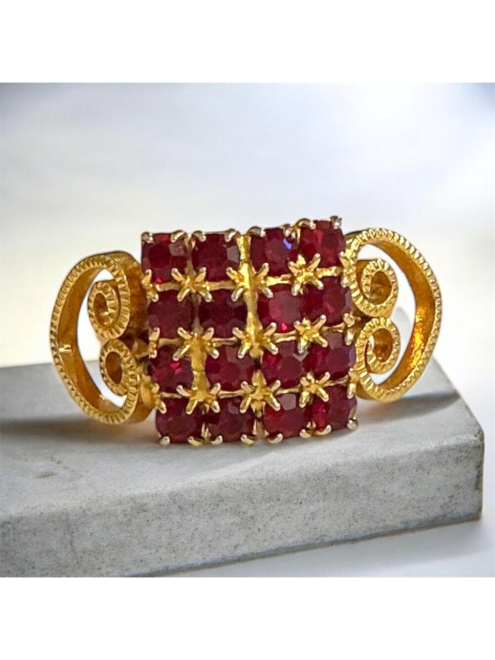Vintage Gold-Tone Faux Ruby Adjustable Ring Size 7.5 With Starburst Details